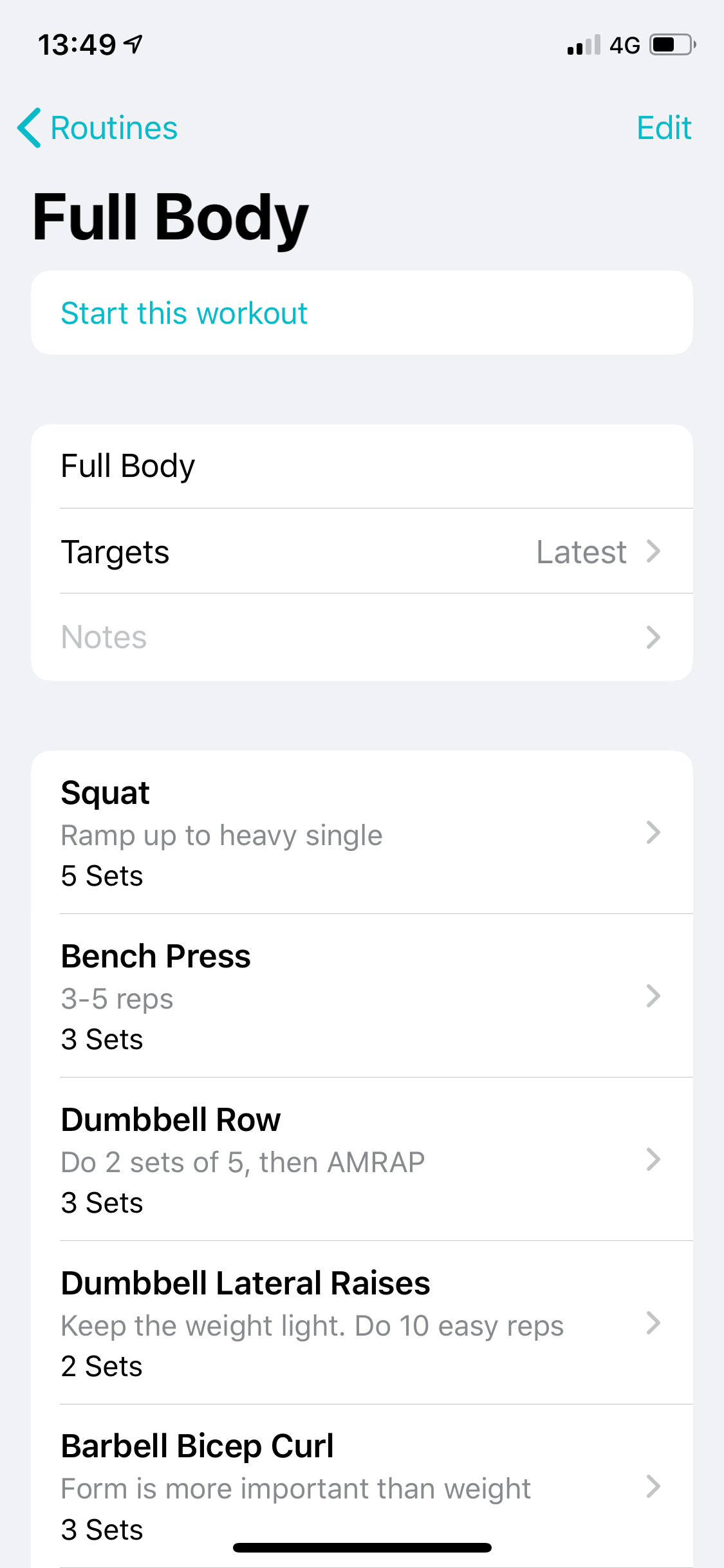 Full Body routine with planned sets and exercise notes for squats, bench press and other exercises.