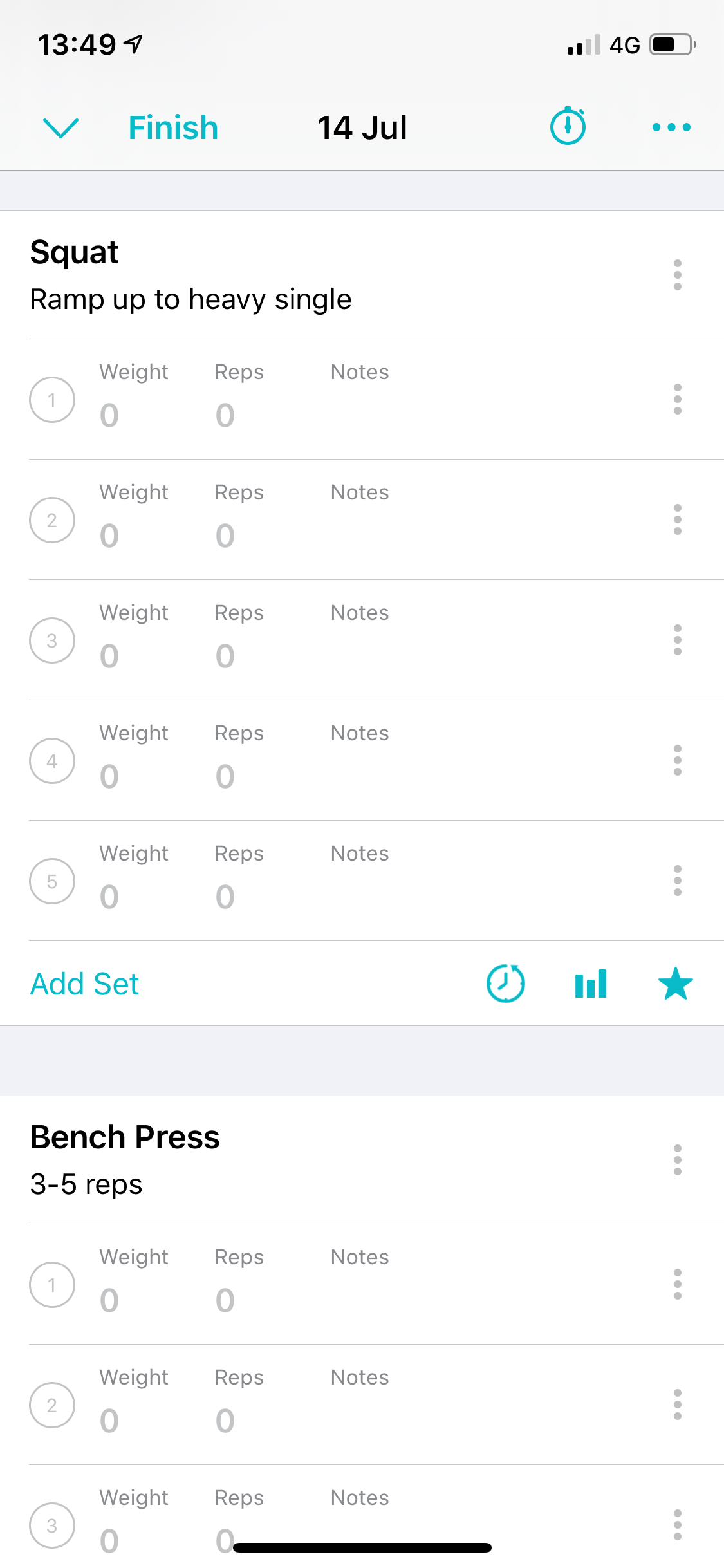 Workout started from the Full Body routine, with squat and bench press notes copied above their sets.