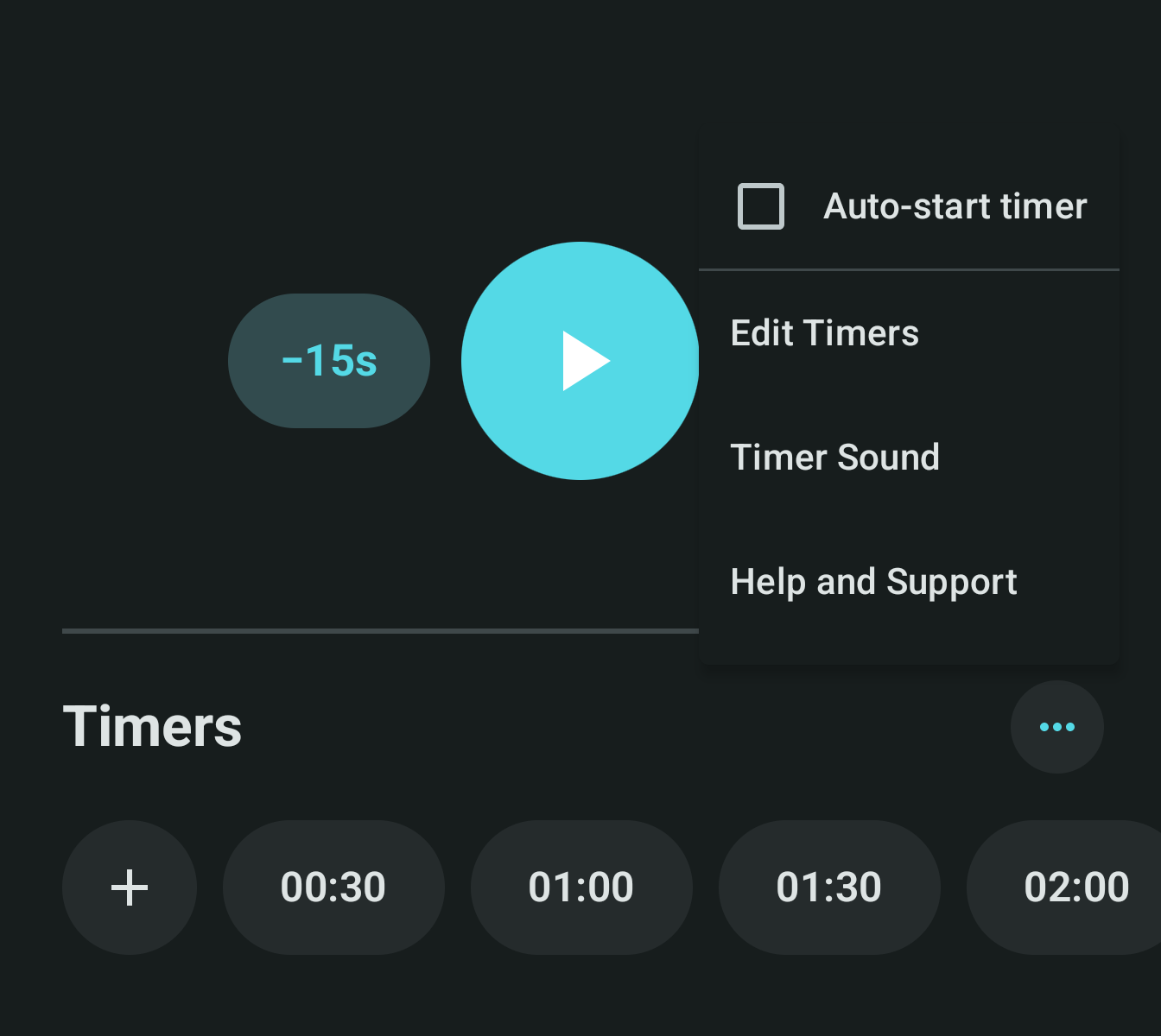 The Timers panel with the ... menu open, showing Auto-start timer as the first row