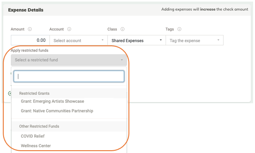 MonkeyPod screenshot showing how to apply restricted funds to an expense