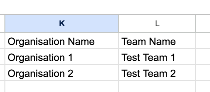 Screenshot of example import excel sheet