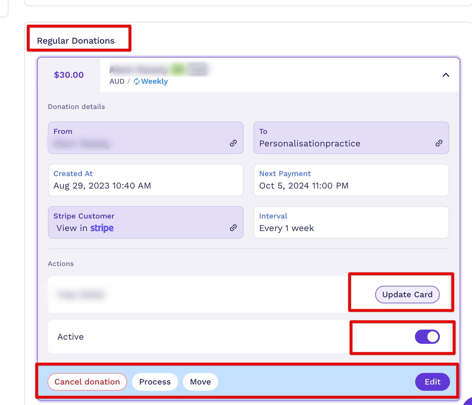 Update a regular giving donation