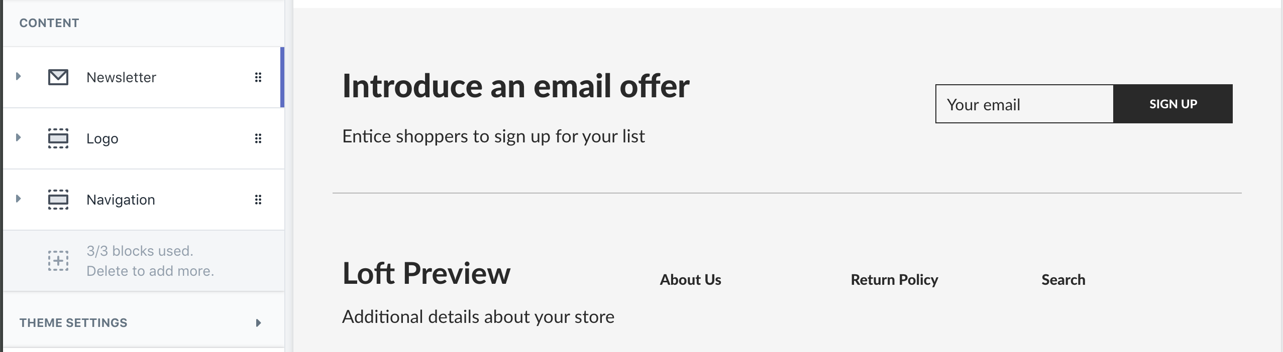 Newsletter block above the logo and navigation blocks