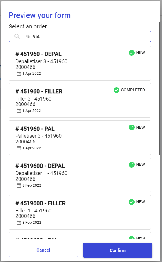 Pop-up modal titled "Preview your form" listing available order numbers to select for previewing