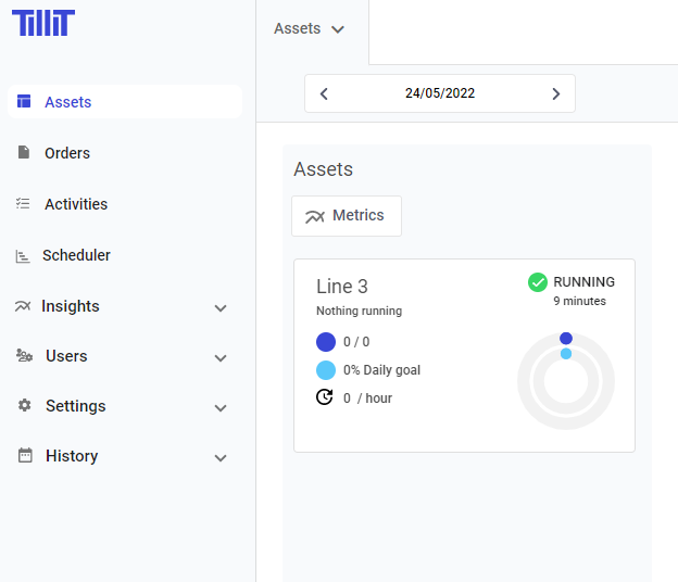 TilliT application main dashboard displaying the asset status list for 'Bottling site 2'.