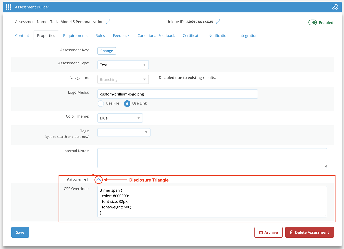 Brillium Assessment Builder CSS Overrides screen