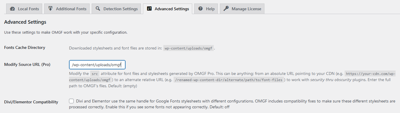 Change Modify Source URL (Pro) to /wp-content/uploads/omgf to make OMGF Pro compatible with multi-language WordPress, like WPML and Polylang.