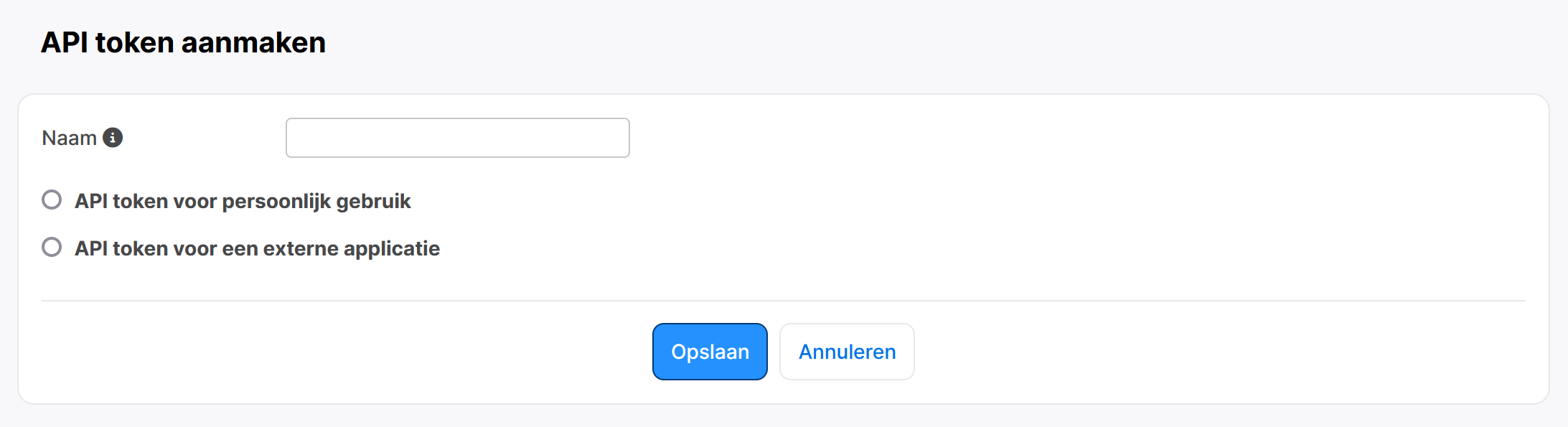 Moneybird's create API token screen.
