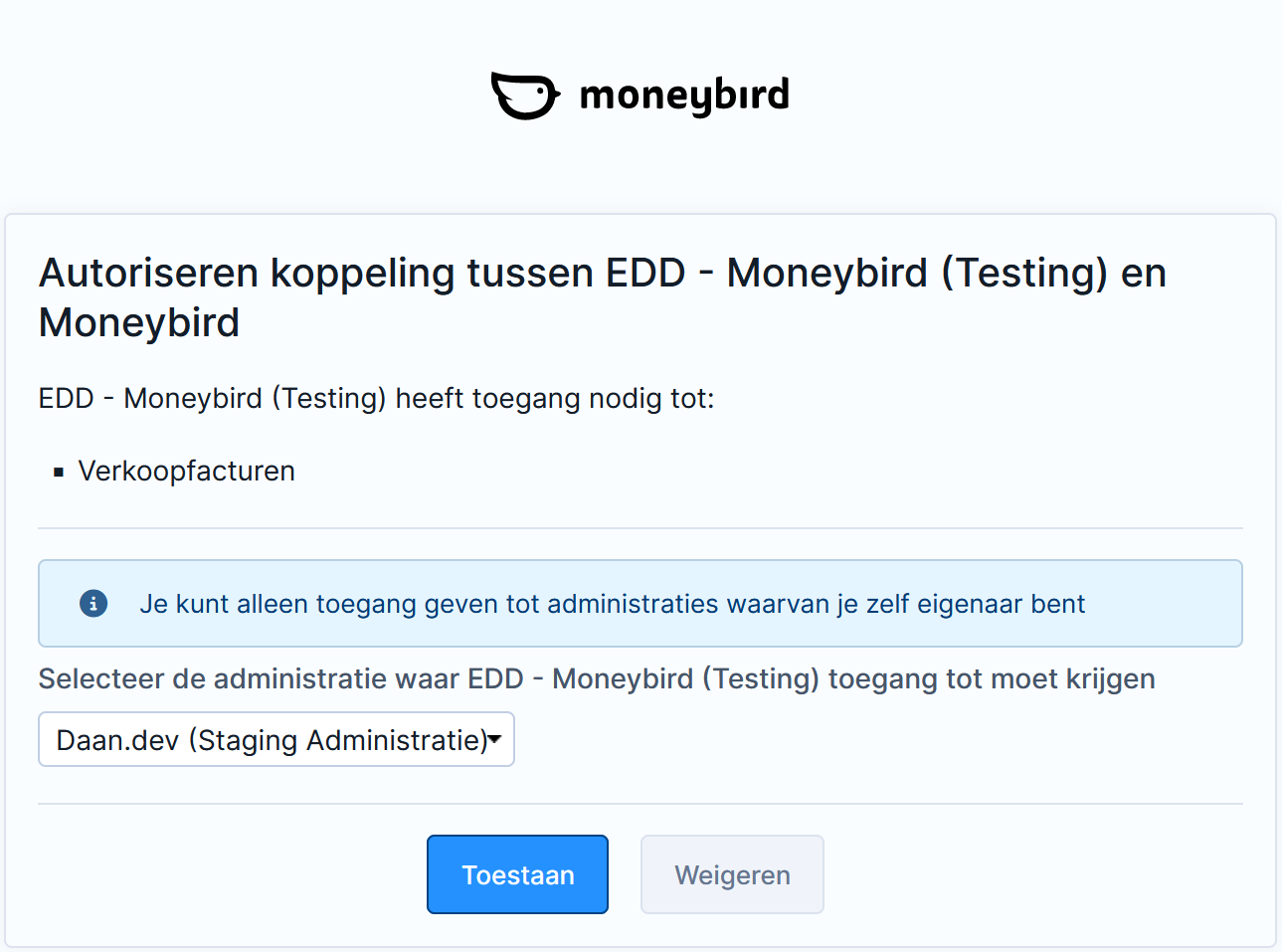 Moneybird's authorization screen.