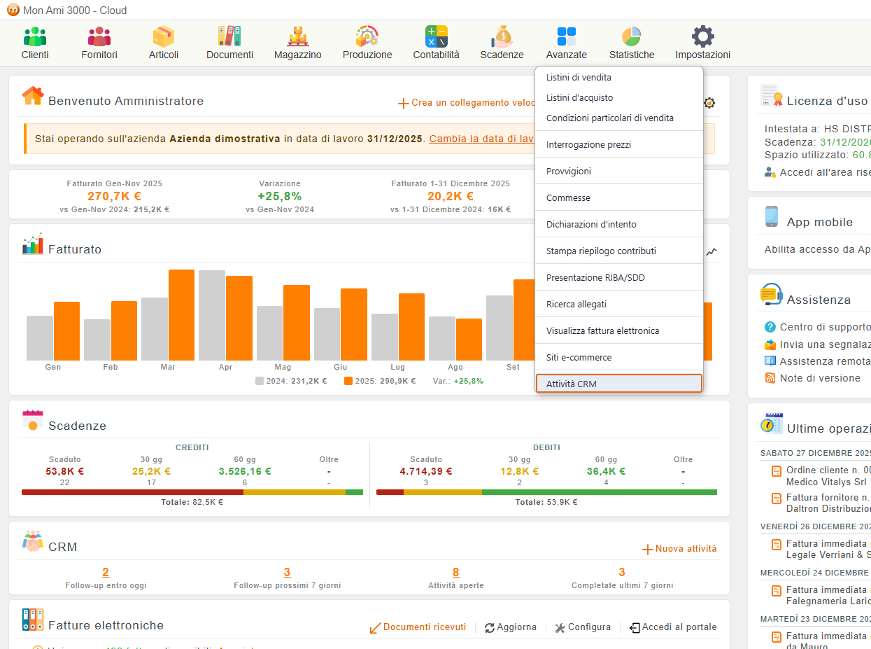 Il menu Avanzate aperto con la voce Attività CRM in fondo all'elenco