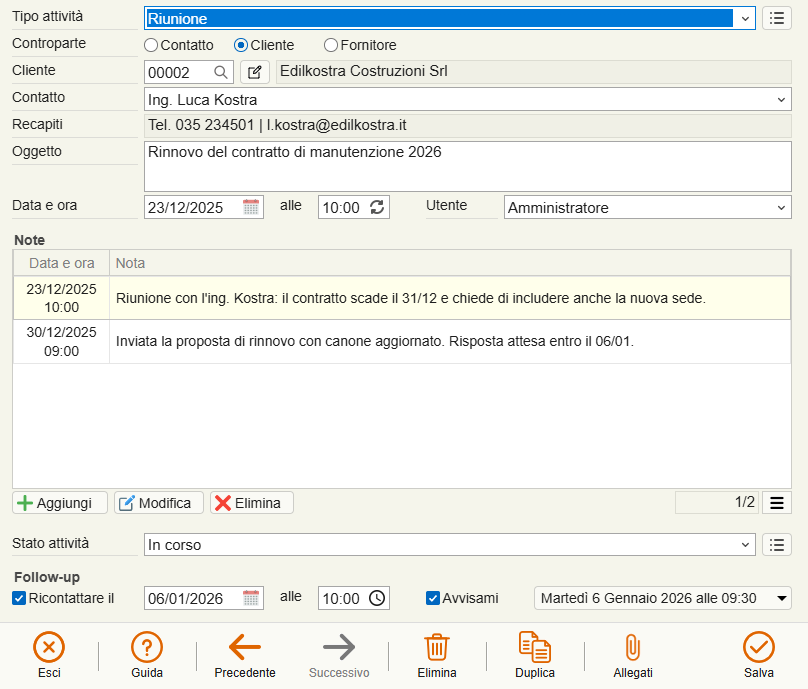 Scheda di un'attività CRM con le note datate, lo stato In corso e il ricontatto
