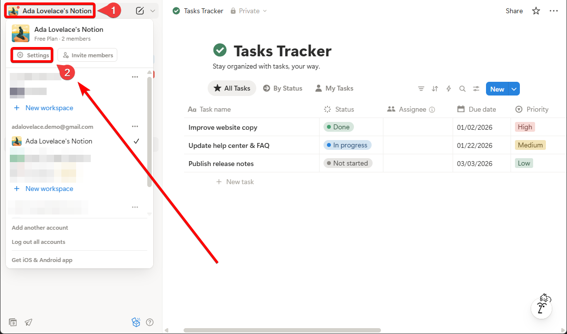 Notion workspace menu open with the Settings button highlighted.