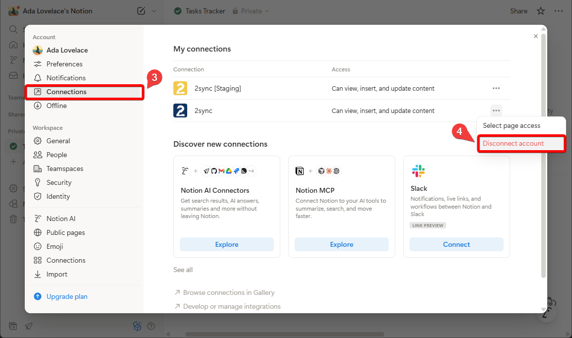 Notion Settings, Connections tab: open the 3 dot menu for 2sync and choose Disconnect account.