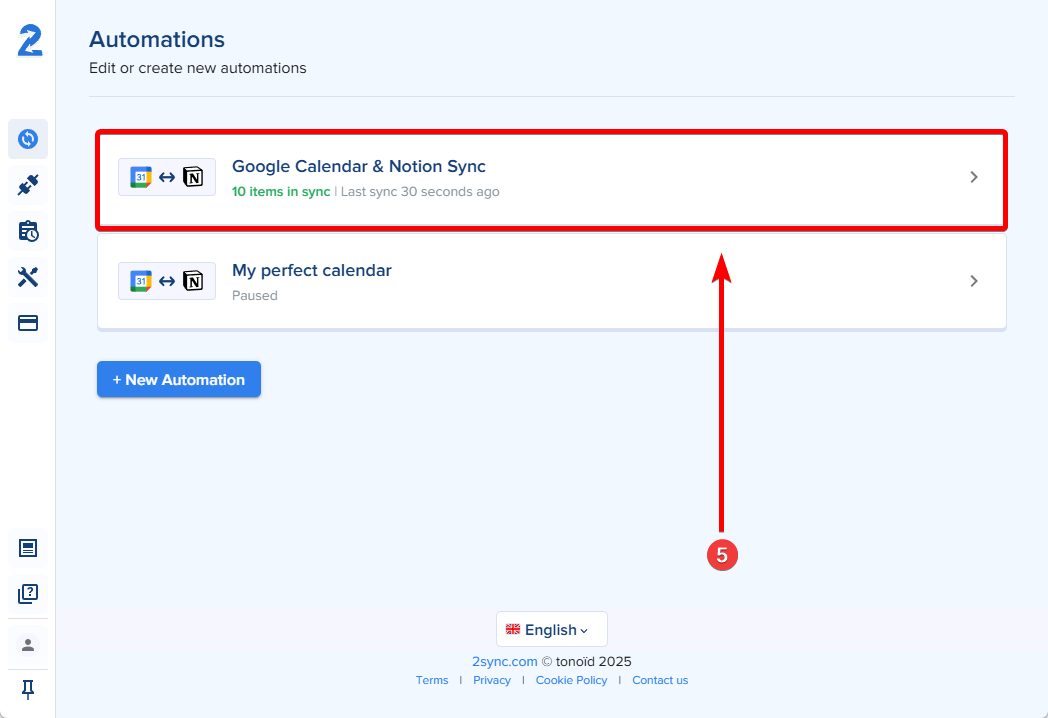 2sync Automations page with the Notion sync automation highlighted to open it.