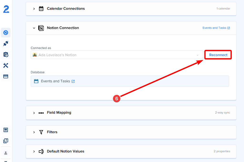 2sync Notion Connection section showing the Reconnect button to relink Notion.