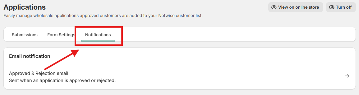 Applications page with the Notifications tab selected