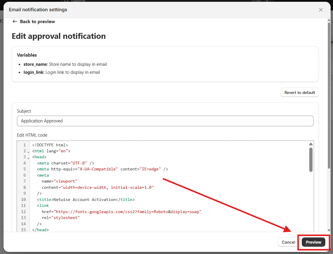 Edit approval notification screen in NetWise