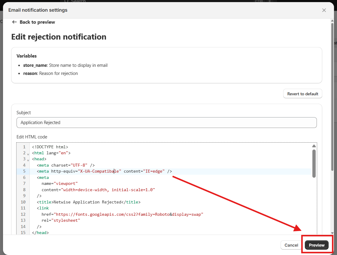 Edit rejection notification screen in NetWise