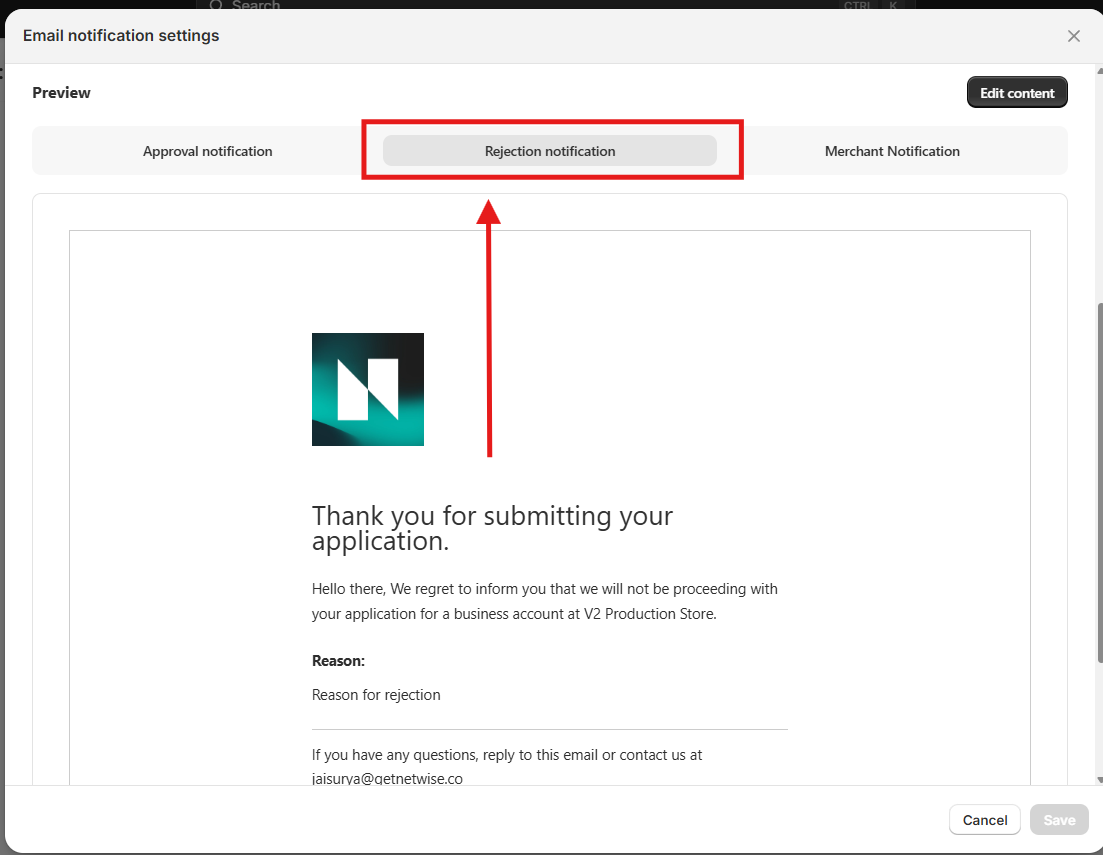 Rejection notification preview in NetWise