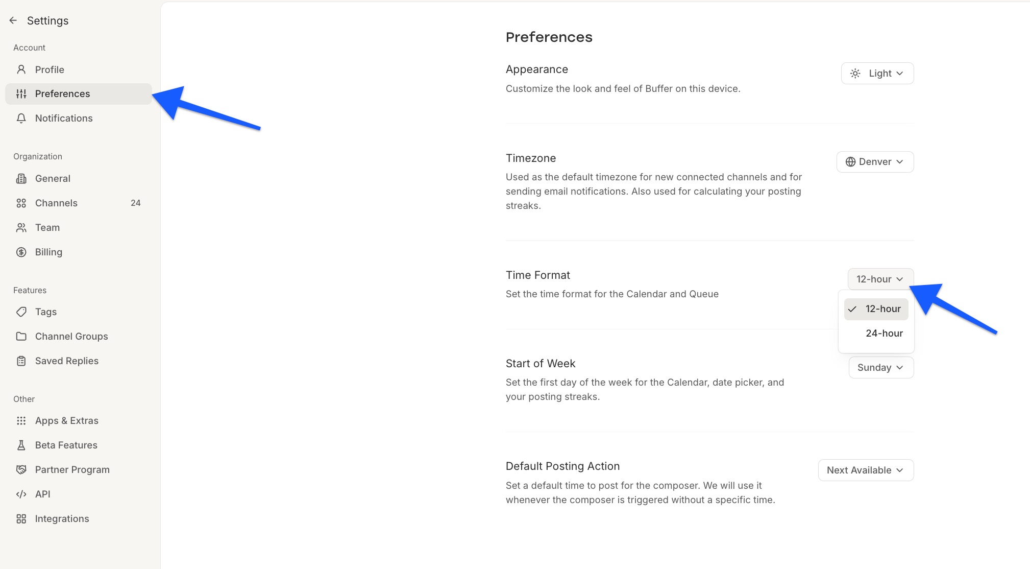 =2018x1114 Buffer Account settings - Time format