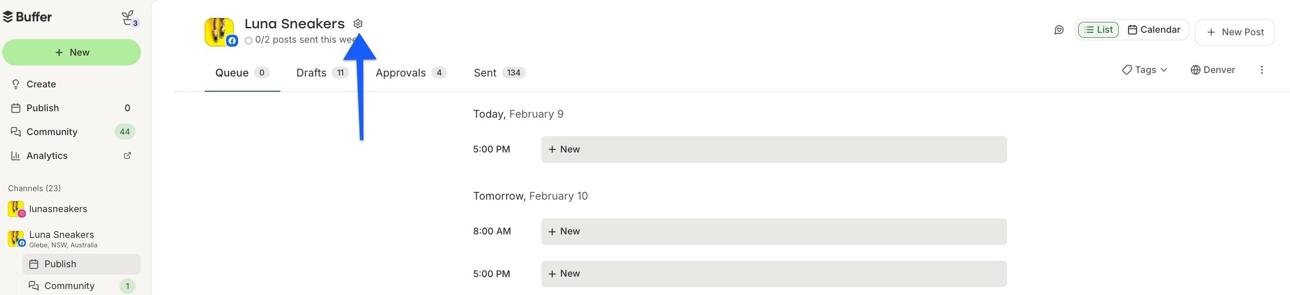 =2435x558 Buffer - Channel settings (gear icon) for a Facebook Page