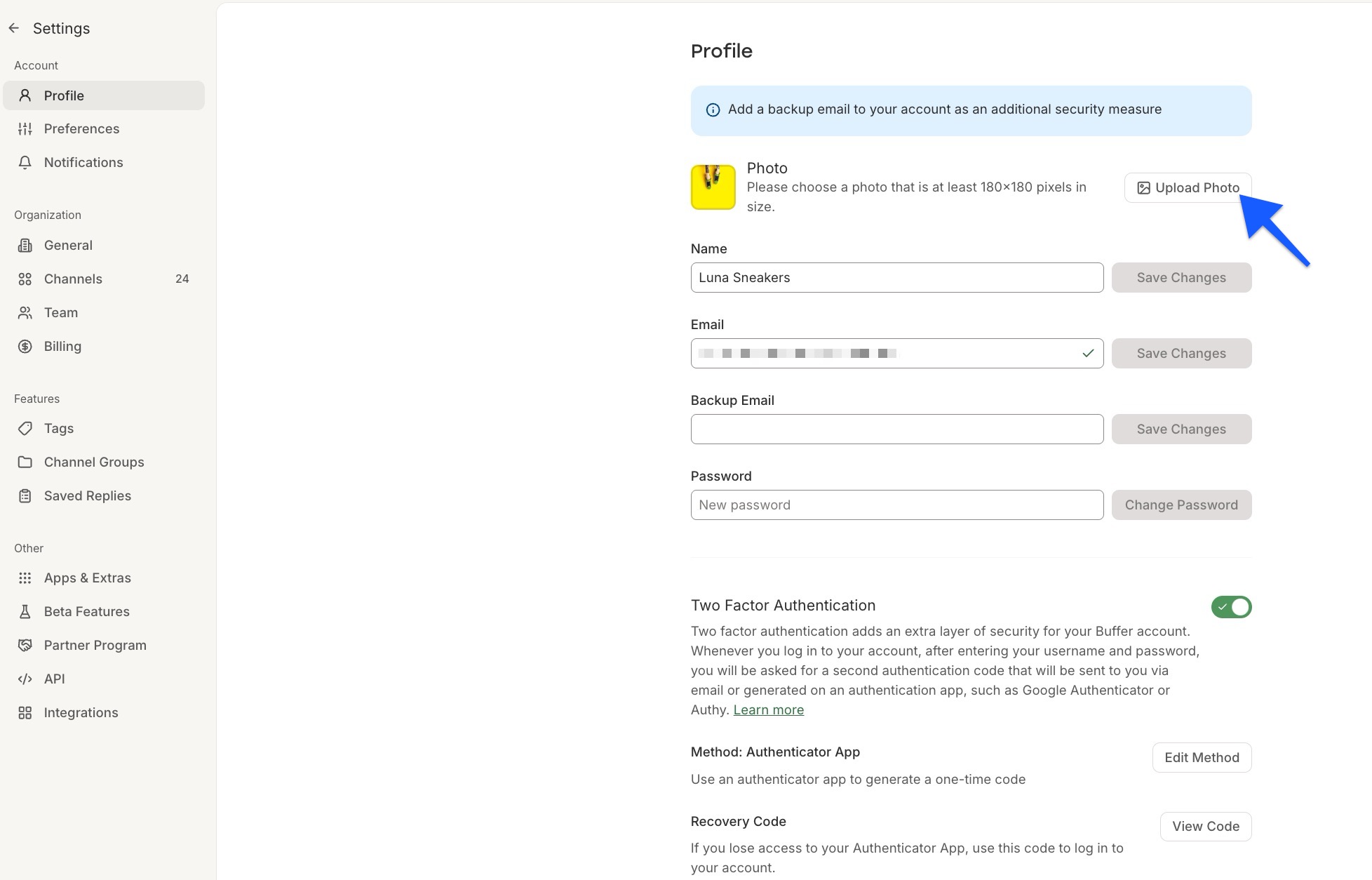 =1604x1028 Buffer - Change profile avatar - upload photo button