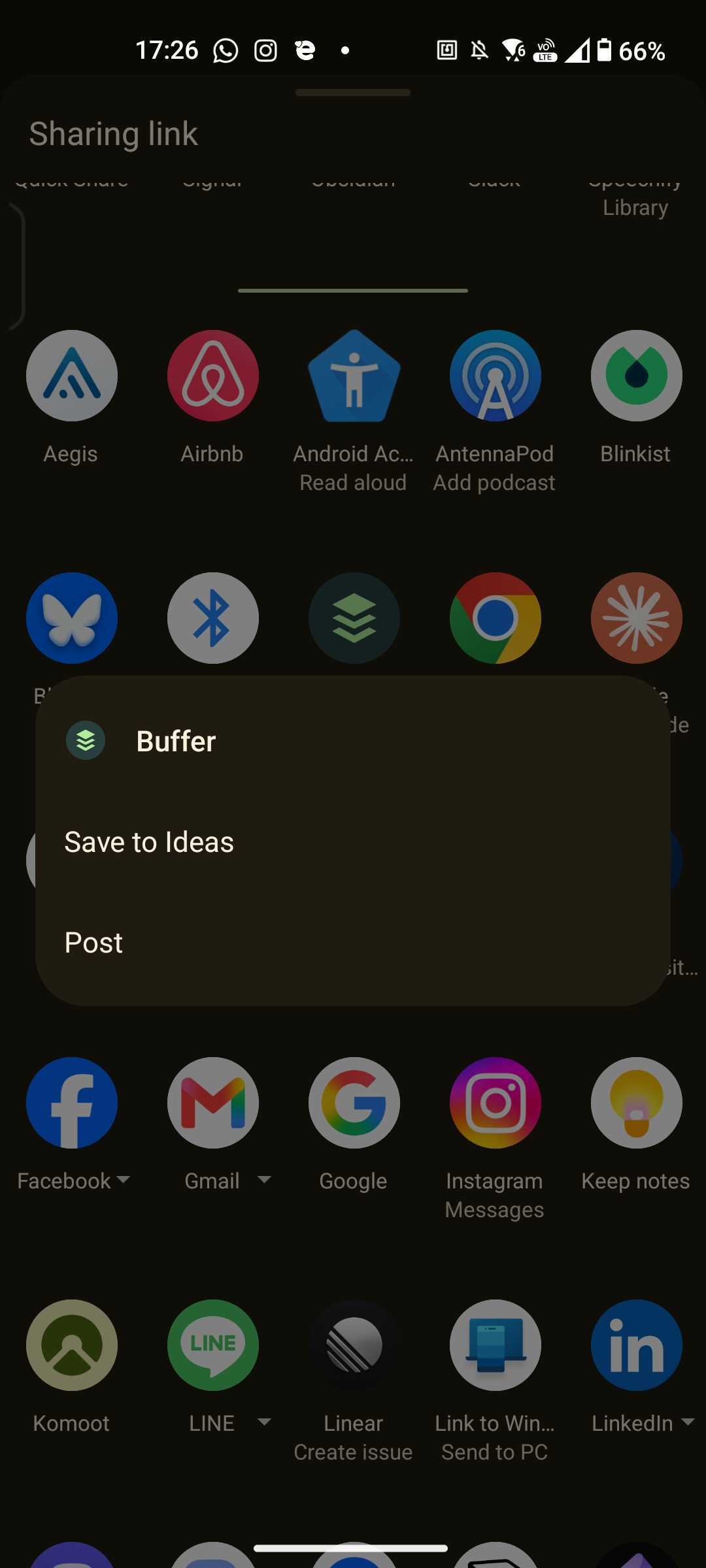 =346x768 Buffer Android extension with a menu showing Post or Save to Ideas options