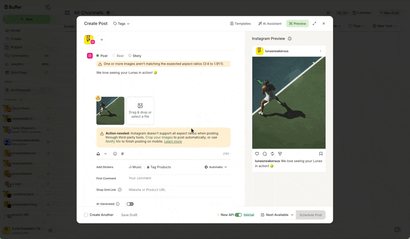 =1144x666 GIF of toggling between Edit, Alt Text, and Tag People in Buffer's Image Editor