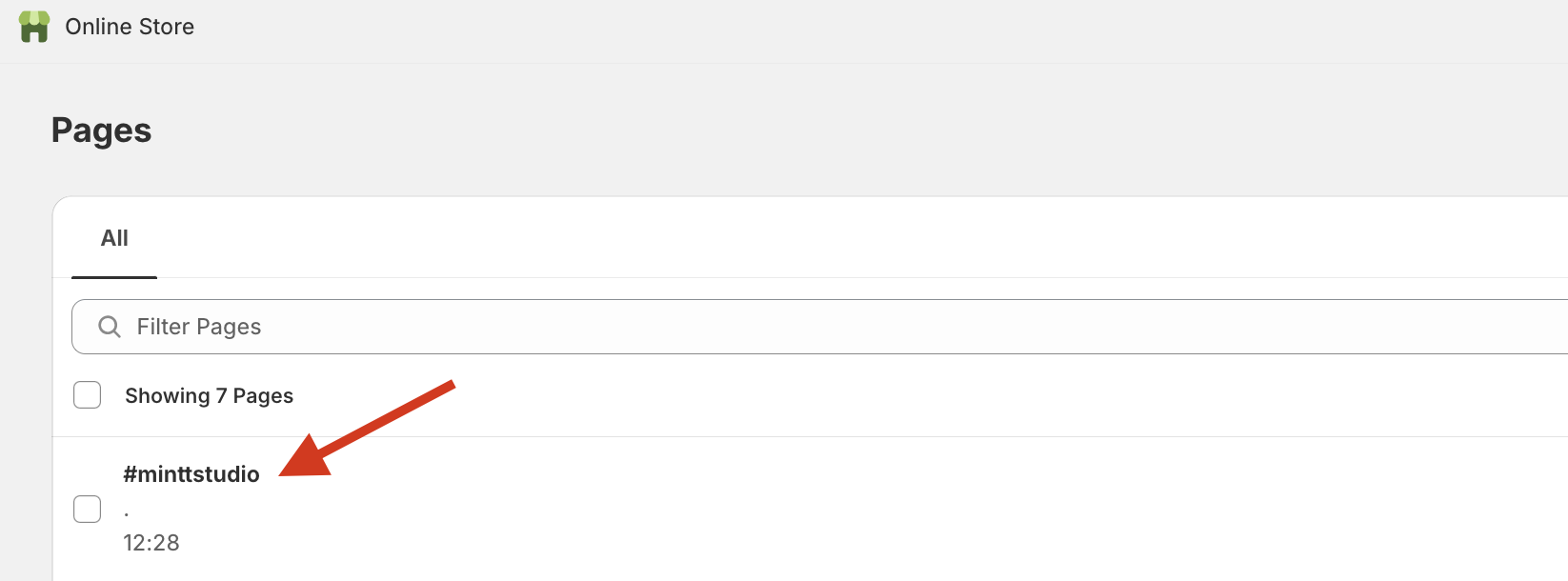 Shopify Pages, with a red arrow pointing to the #minttstudio page.
