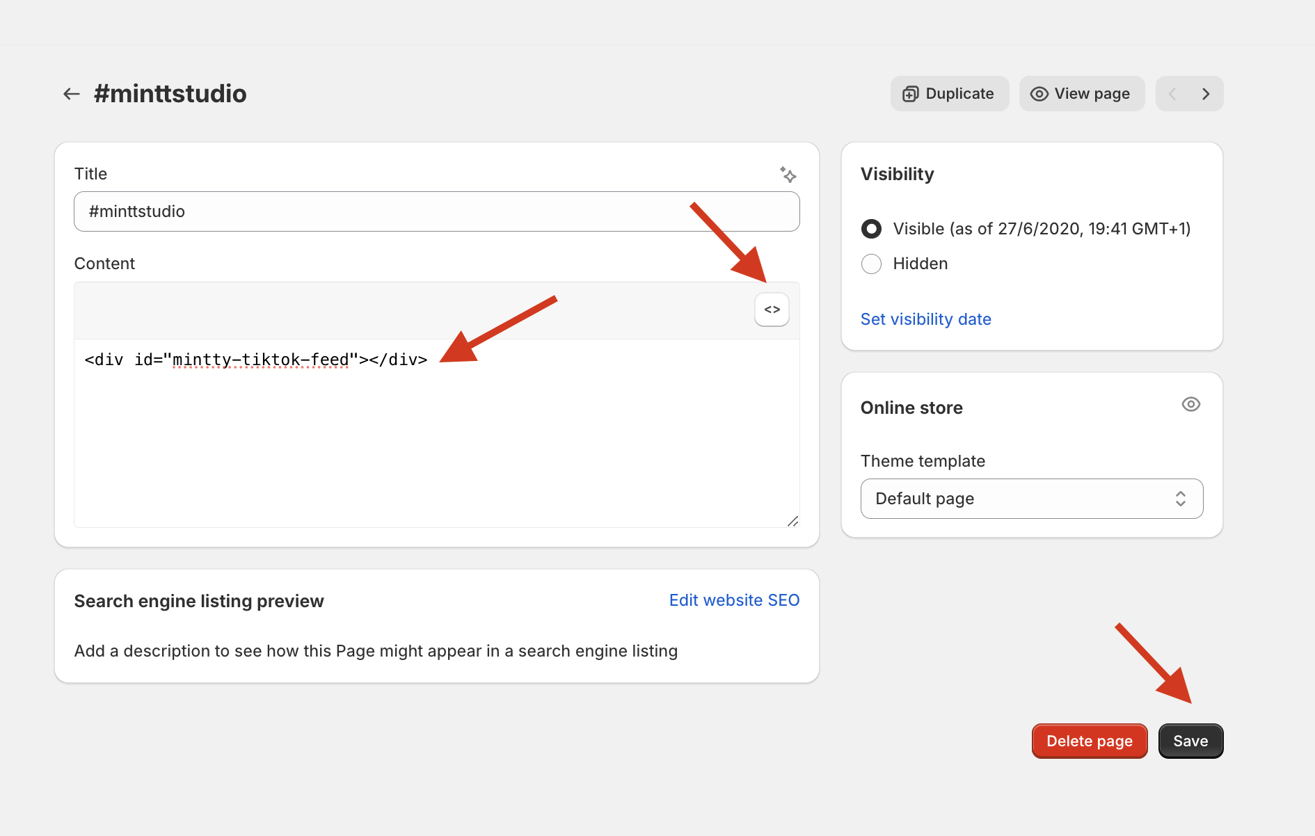 #minttstudio page on Shopify, with red arrows pointing to the code button, code content and save button.