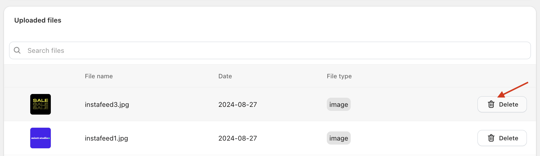 Uploaded files section with delete button highlighted