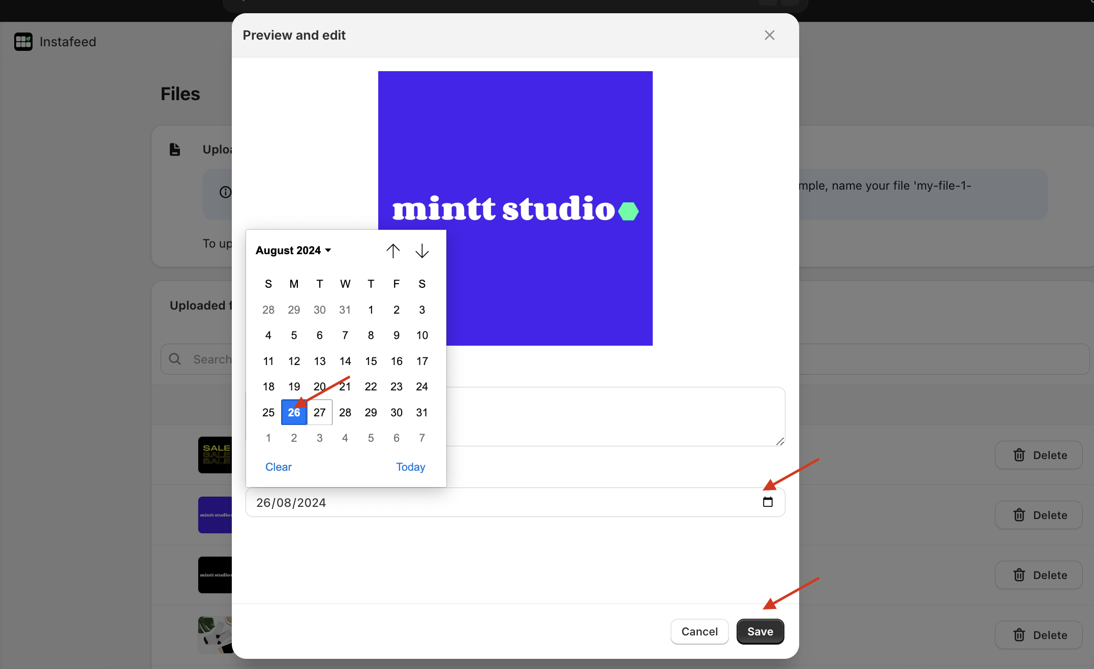 Preview and edit section showing how to change date