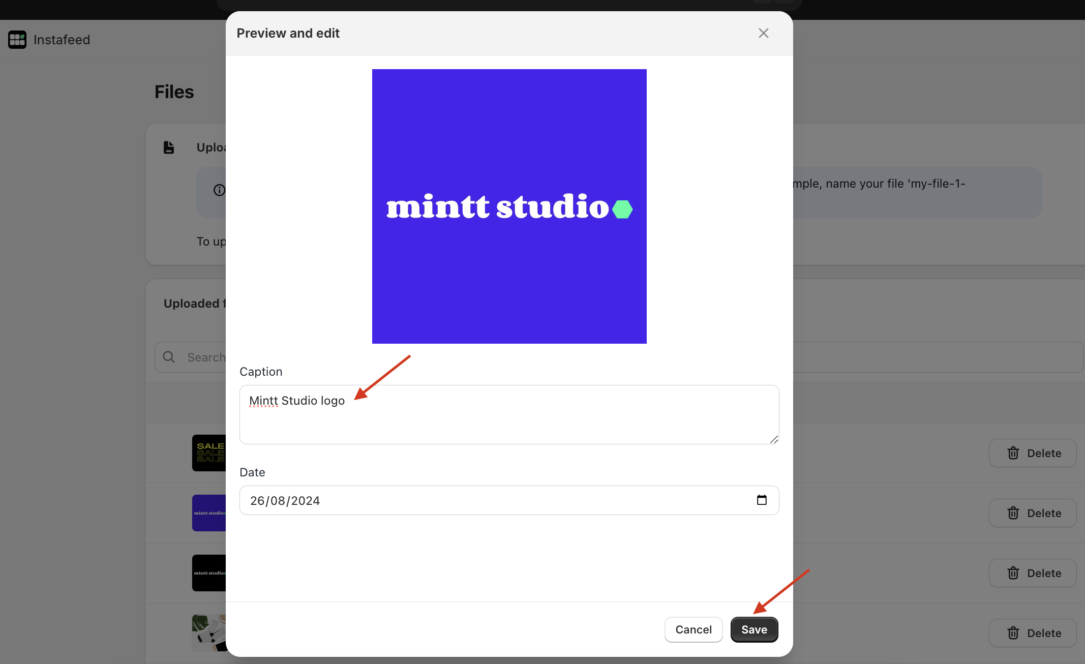 Preview and edit section showing how to add a caption