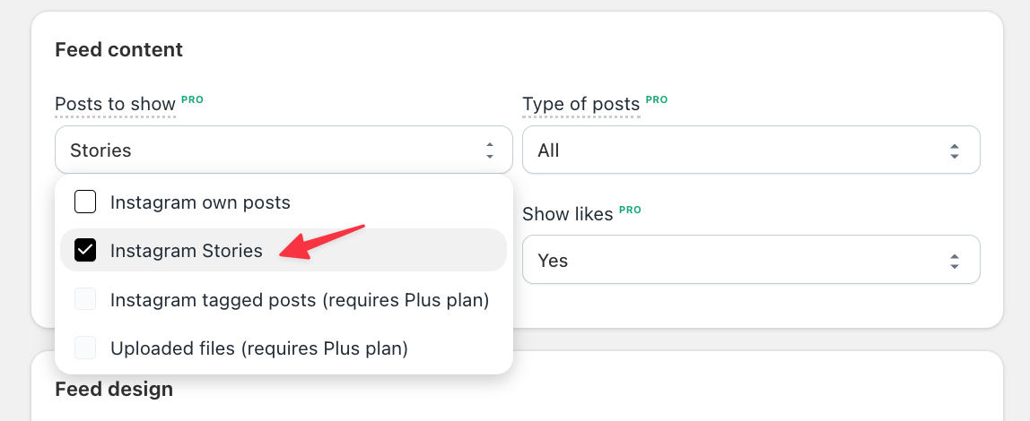 Instafeed app, showing the Posts to show dropdown menu with the Instagram Stories box checked.