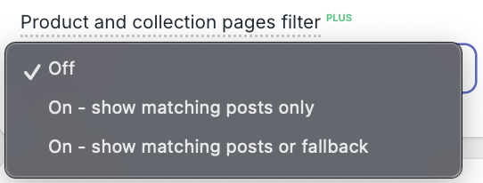 'Product and collection pages filter' option on Instafeed app, showing a dropdown with 'Off' selected. 