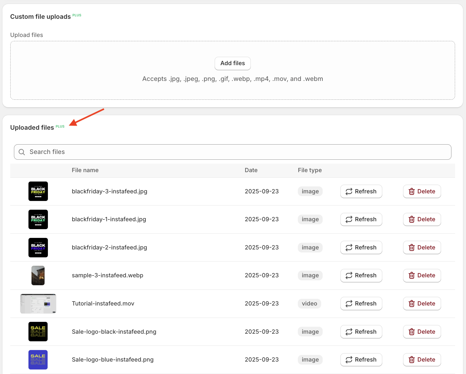 Instafeed Files page with Uploaded files section highlighted.