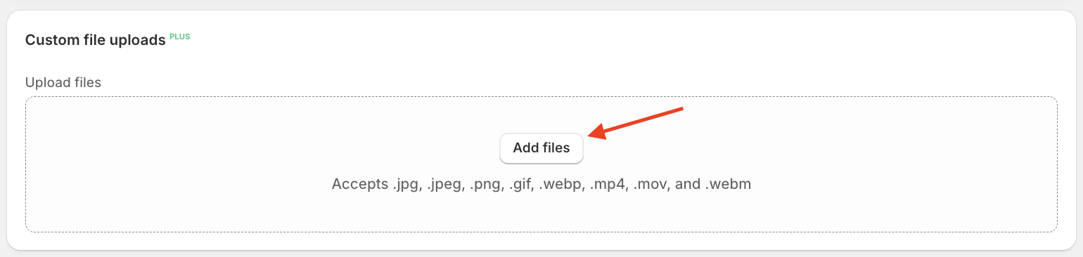 Screenshot of the Instafeed app user interface, showing the custom file uploads section with Add files button highlighted.