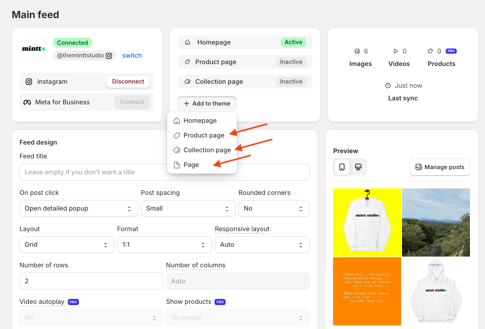 Instafeed dashboard showing the Add to theme button with the available options highlighted.