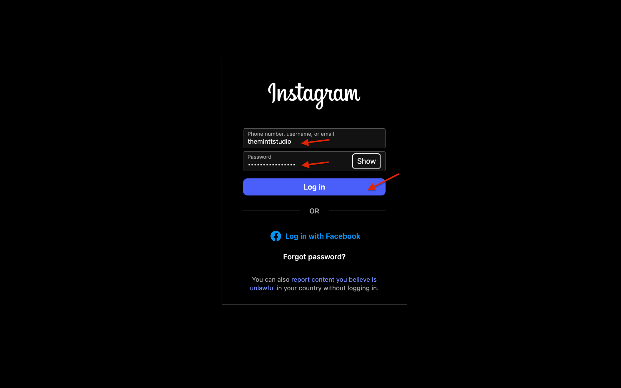 Instagram login page with red arrows next to username, password and login button.