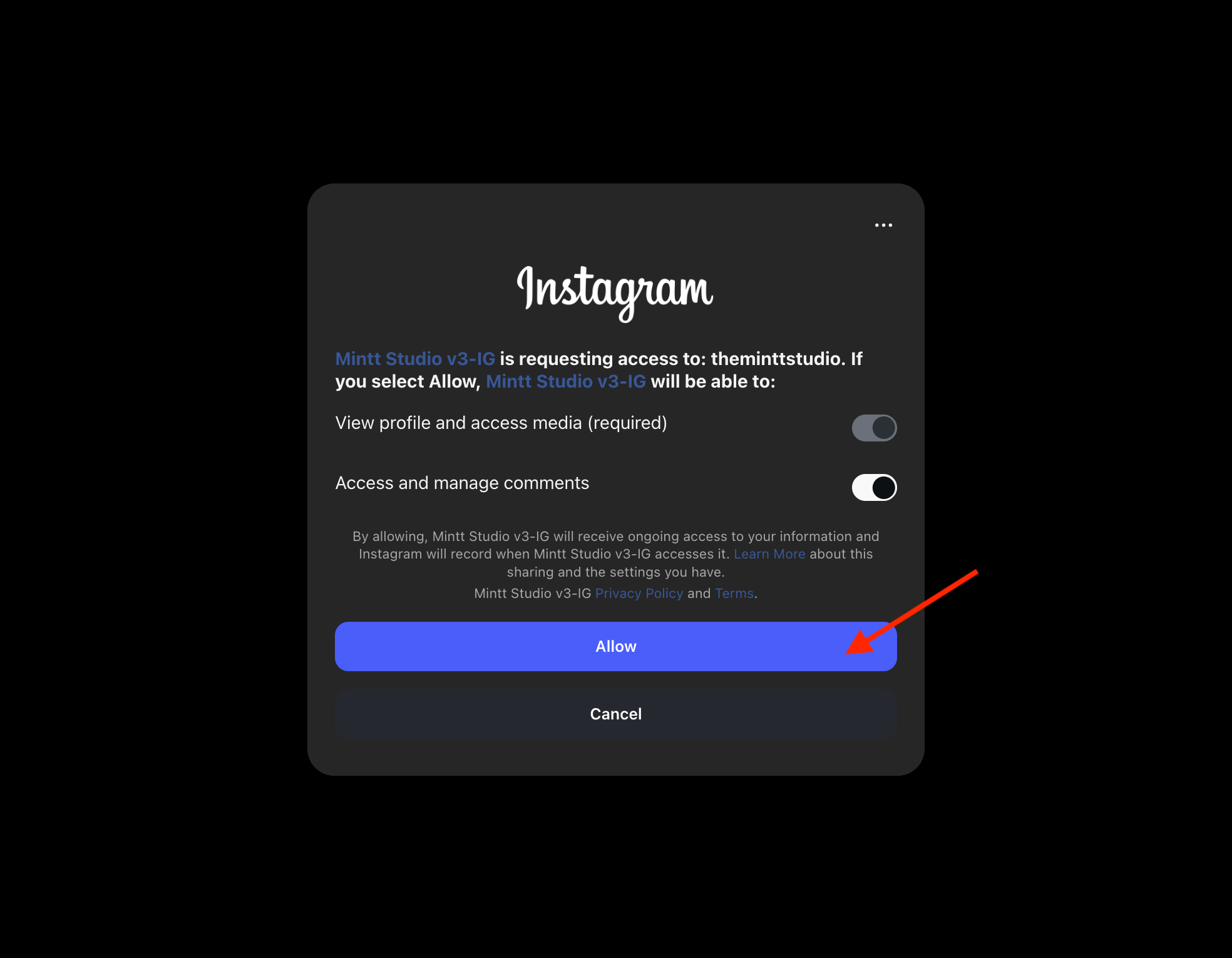 Screenshot of Mintt Studio requesting access to an Instagram account, with red arrow next to allow button.