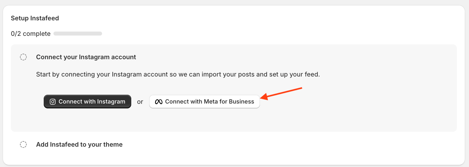 Instafeed dashboard showing the option to connect with Meta for Business.