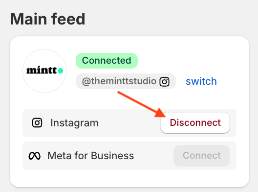 Instafeed dashboard showing how to disconnect an Instagram account.