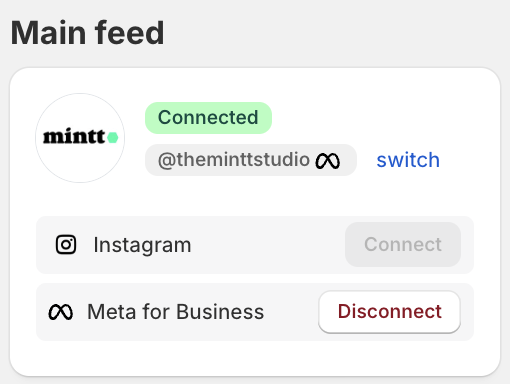 Instafeed dashboard showing the account connected with Meta for Business.