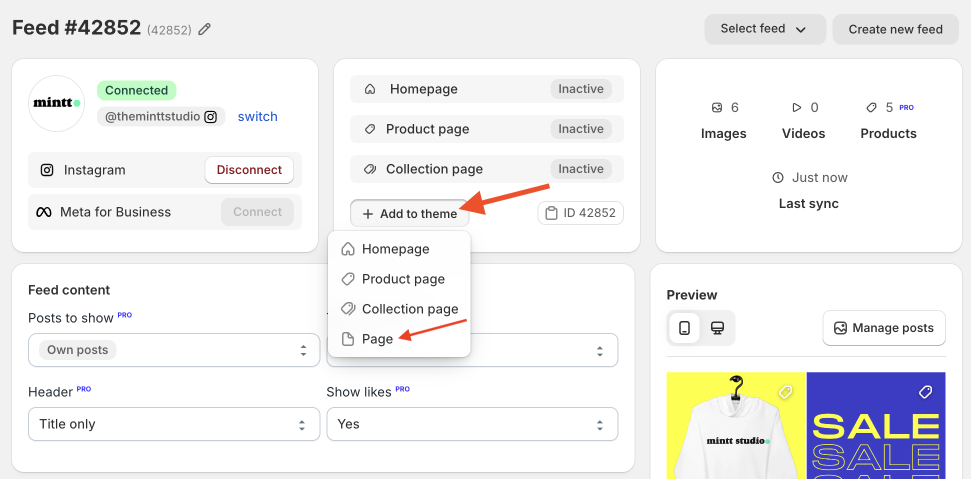 Screenshot of Instafeed app with a red arrow pointing to the 'Add to theme' button and a red arrow pointing to the 'Page' option.