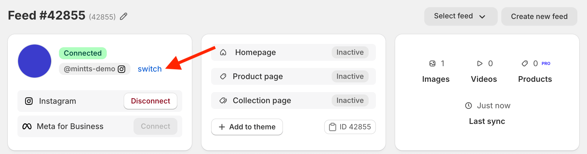 Screenshot of Instafeed app with a red arrow pointing to the 'switch' button.
