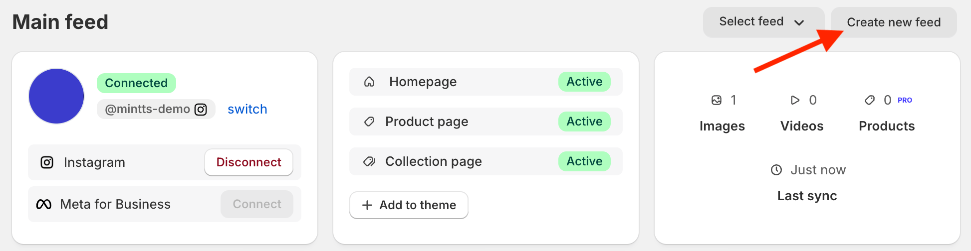 Screenshot of Instafeed app with a red arrow pointing to the 'Create new feed' button.
