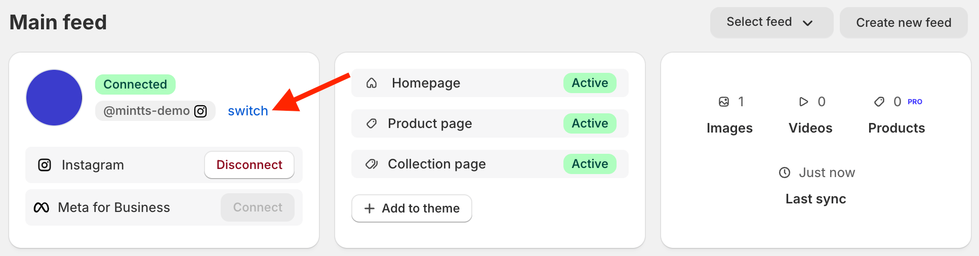 Screenshot of Instafeed app with a red arrow pointing to the switch button.