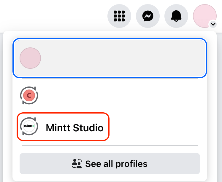 Screenshot of a Facebook account with a red arrow pointing to the 'Mintt Studio' page.