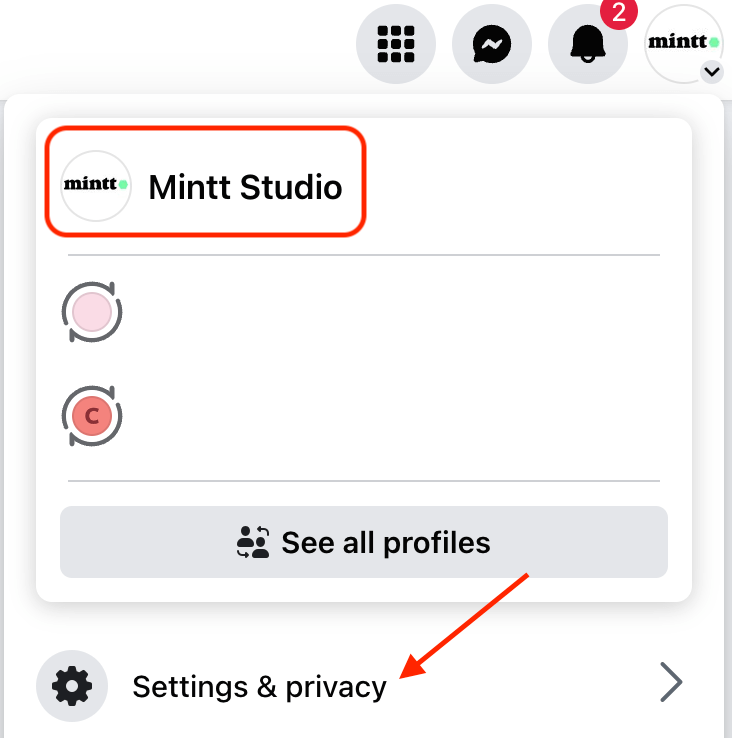 Screenshot of a Facebook account with a red arrow pointing to the 'Settings & privacy' option.