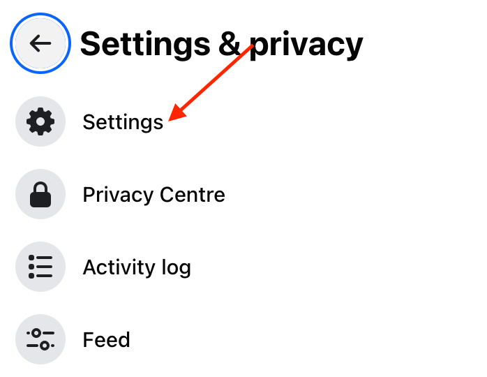 Screenshot of a Facebook account with a red arrow pointing to the 'Settings' option.